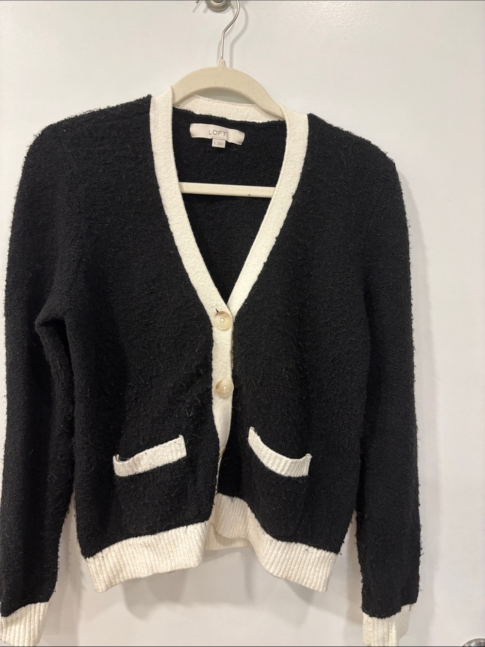 LOFT Black and White Trim V-Neck Button Cardigan